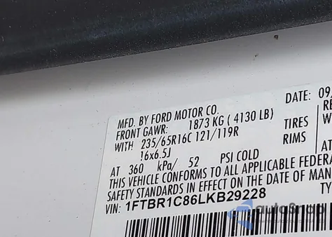 2020 Ford Transit-250 z USA, uszkodzony, nr VIN 1FTBR1C86LKB29228